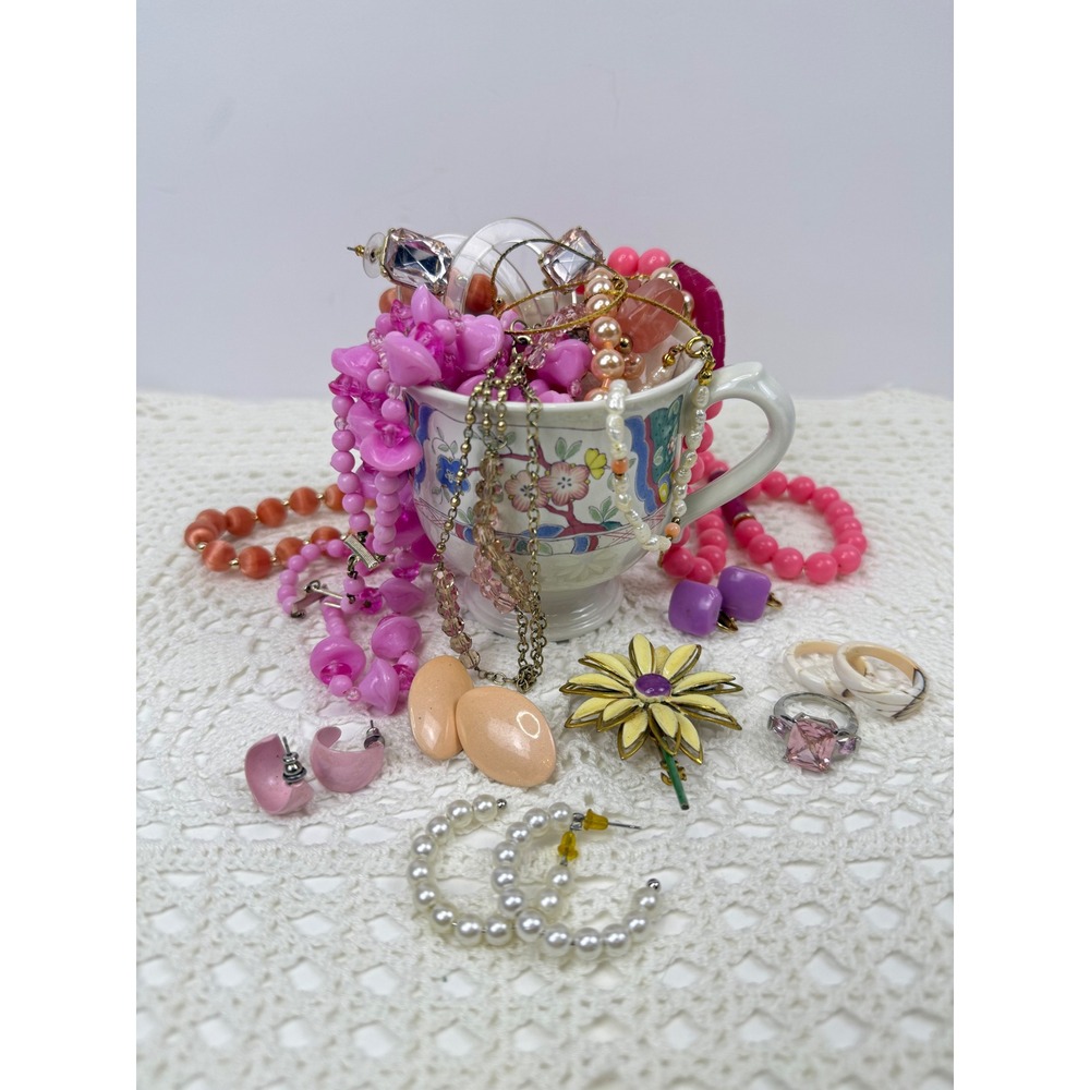 Vintage to Now Pretty in Pink Pink Purple Costume Jewelry in Mikasa tea cup